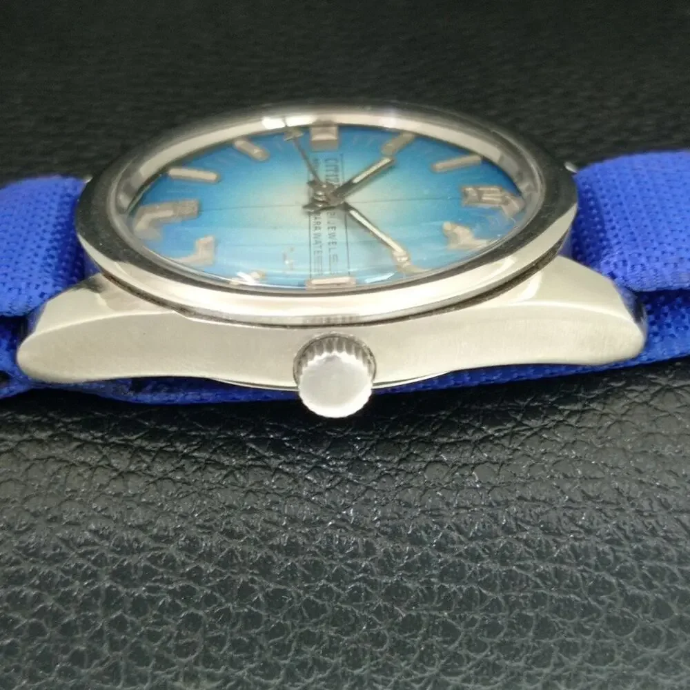 Vintage 1980 Citizen Manual Mens Silver Watch W/daydate & Blue accents